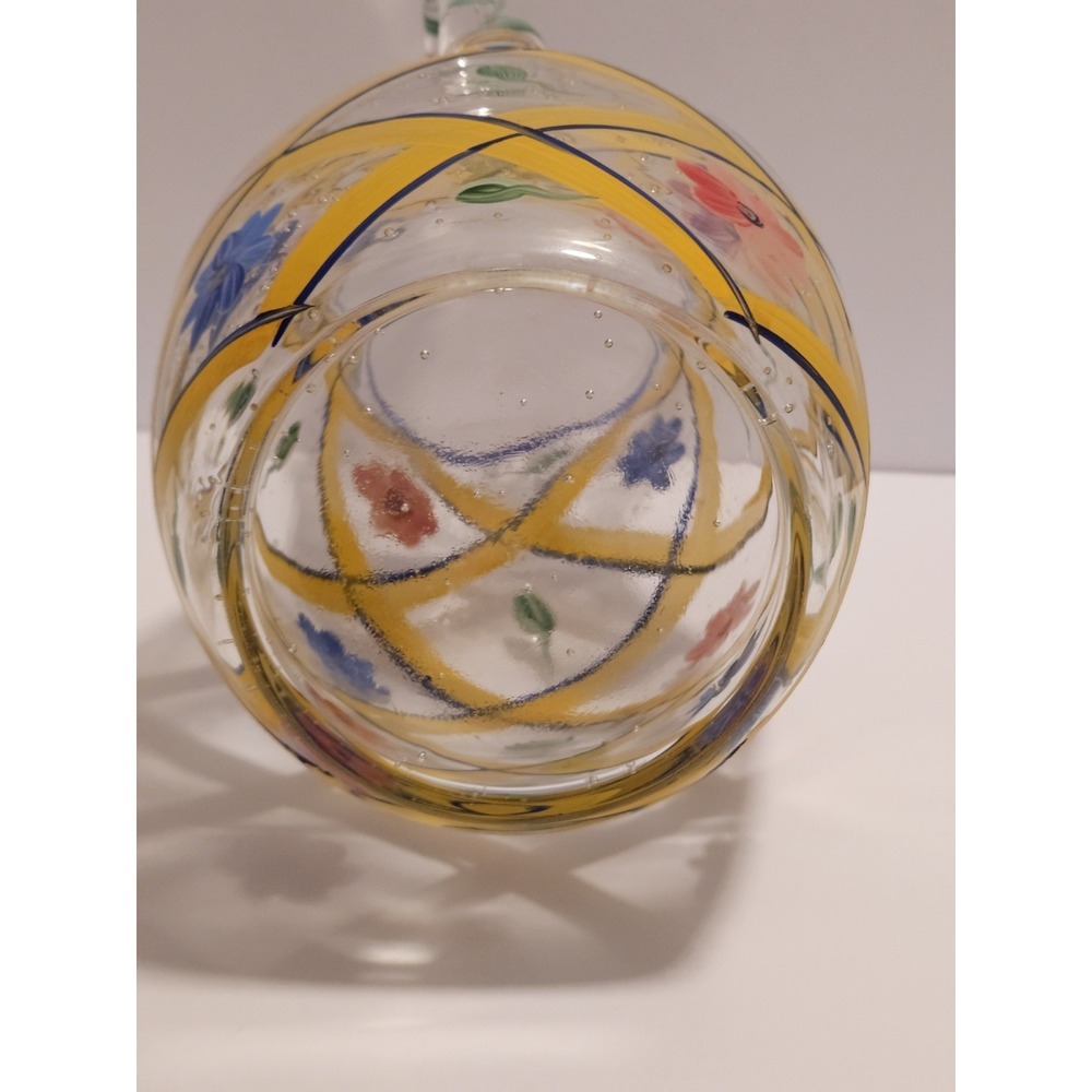 Glass Pitcher Yellow Floral Lattice Design 11" Vintage Hand Blown Painted - Picture 7 of 9